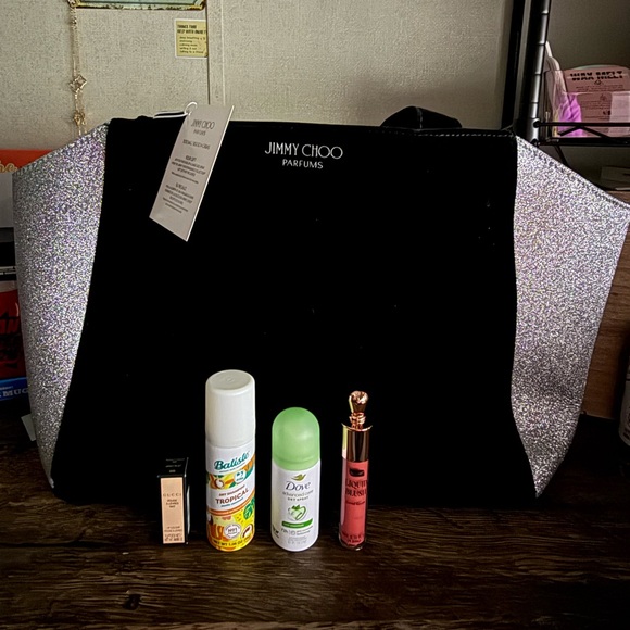 Jimmy Choo Black and Glittery Silver Parfums Tote with mini gucci lipstick - Picture 3 of 5